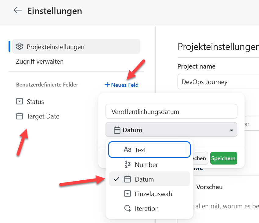 Screenshot der GitHub-Projekteinstellungen zum Erstellen benutzerdefinierter Felder.