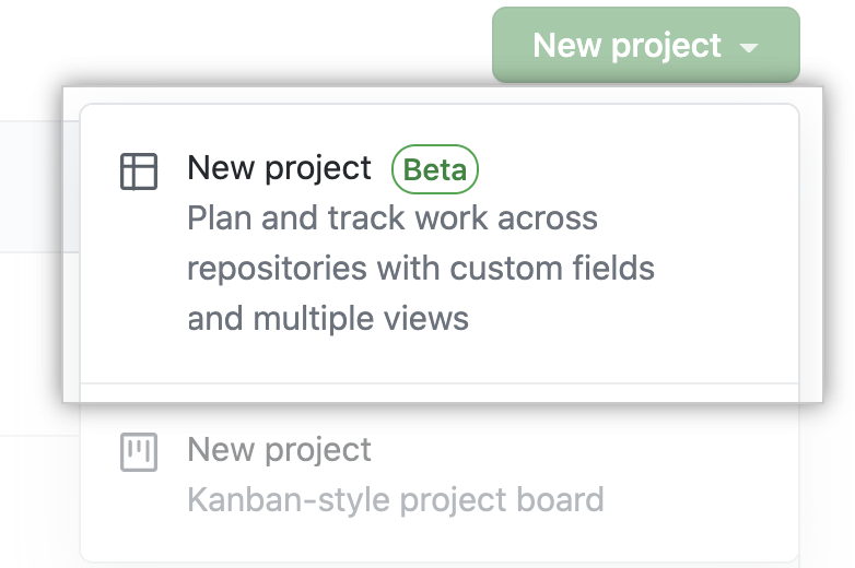 Screenshot des Features „Neues GitHub-Projekt (Beta)“.