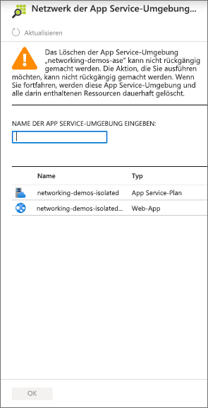 Screenshot, der zeigt, wie eine Anwendungsdienstumgebung gelöscht wird.