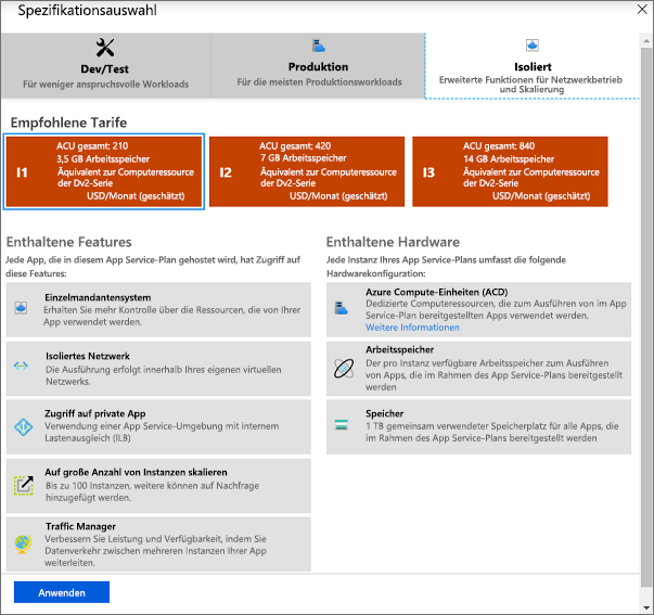 Screenshot des Spezifikationsauswahl-Dashboards.