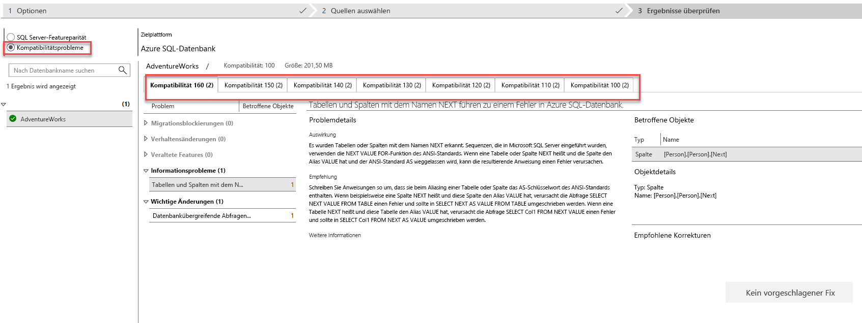Screenshot: Registerkarte „Ergebnisse überprüfen“ nach dem Ausführen einer Kompatibilitätsbewertung im Datenmigrations-Assistenten.