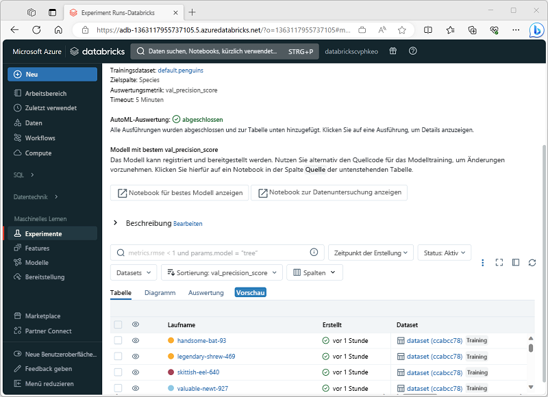 Screenshot: Benutzeroberfläche für AutoML-Experimente mit abgeschlossenen Ausführungen