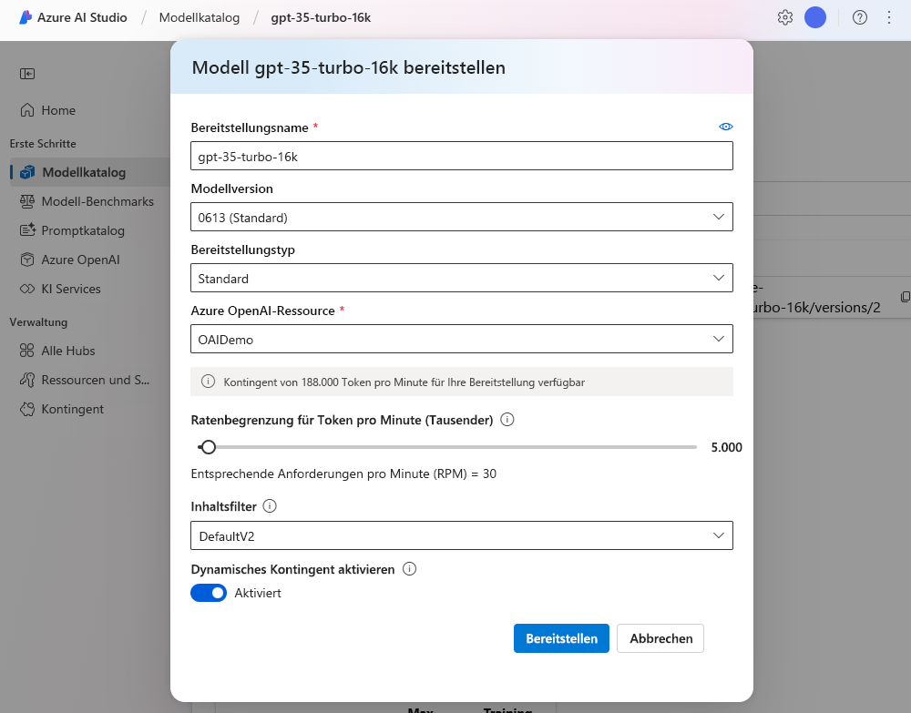 Screenshot des Assistenten für die Bereitstellung von Modellen im Azure KI Studio-Portal.