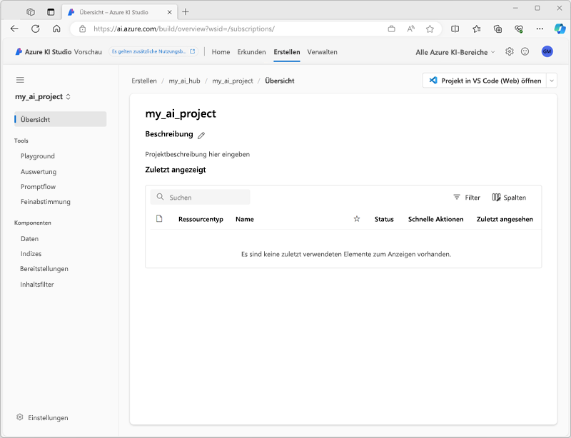 Screenshot eines Projekts in Azure KI Studio.