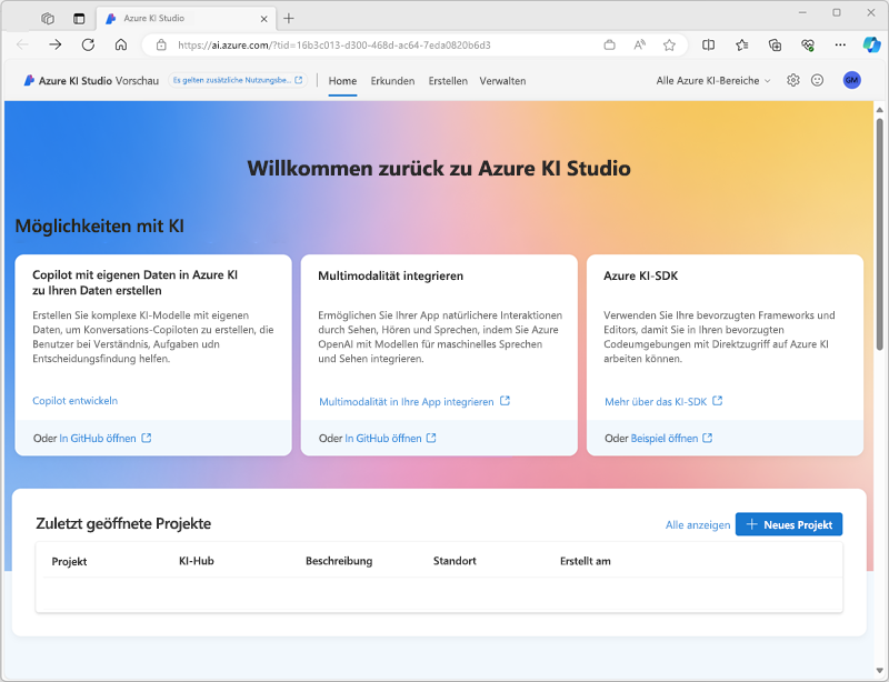 Screenshot der Azure KI Studio-Homepage.