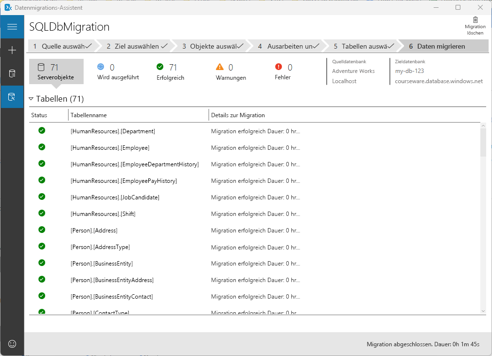 Screenshot: Migrationsergebnisse im Datenmigrations-Assistenten.