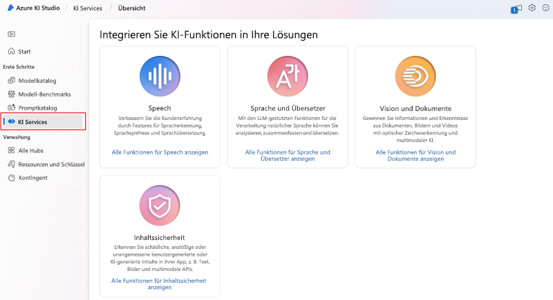 Screenshot der Startseite von Microsoft Azure KI Studio