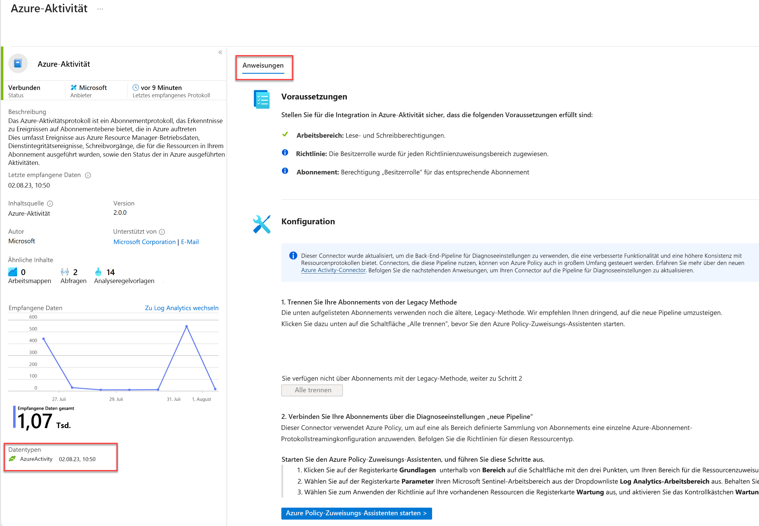 Screen shot of Microsoft Sentinel Detailed Connector Page.