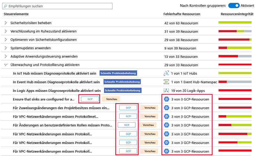 Screenshot of the G C P resources in recommendations