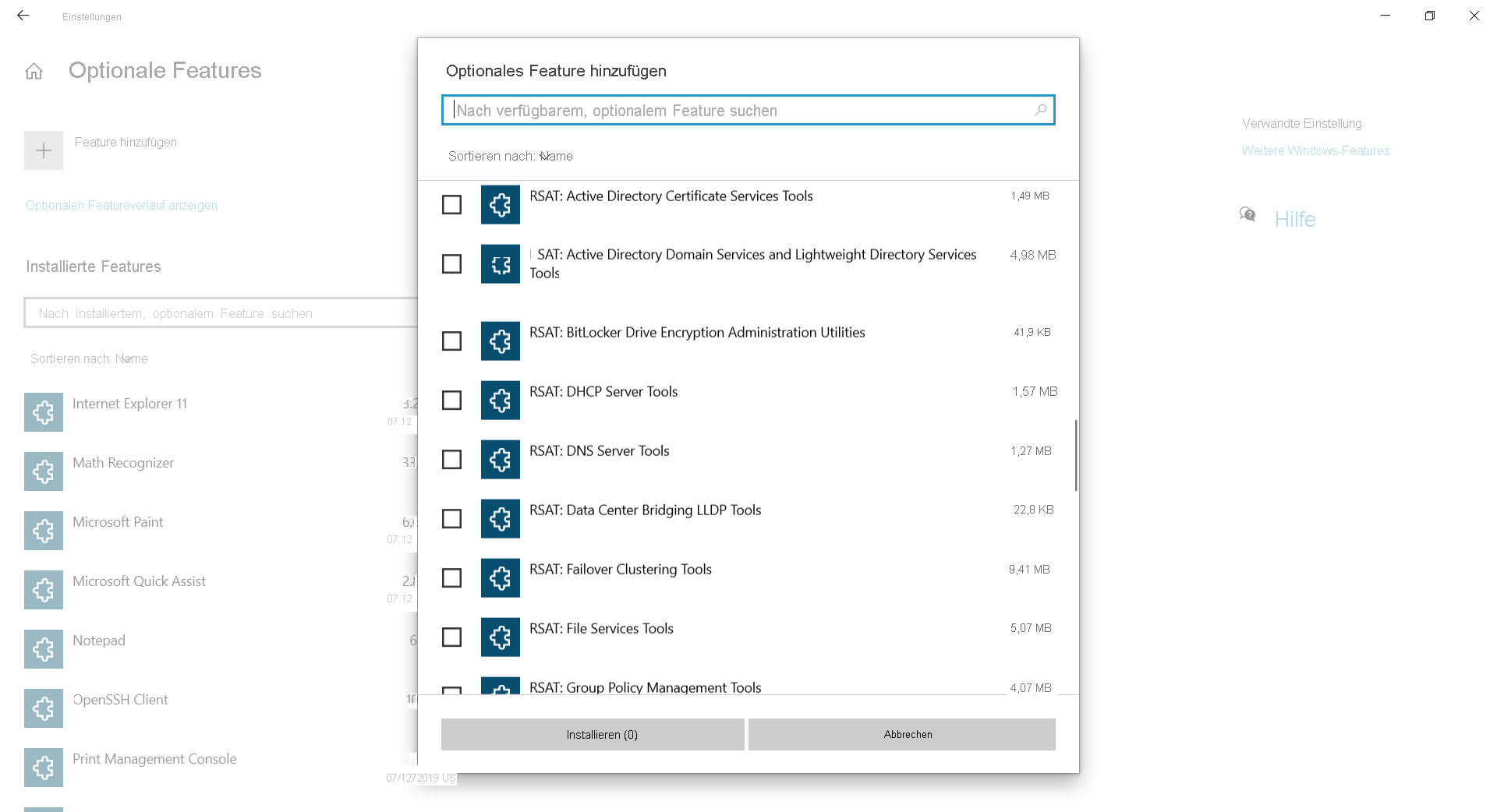 Screenshot: Dialogfeld „Optionales Feature hinzufügen“. Angezeigt wird eine Liste mit RSAT-Tools.