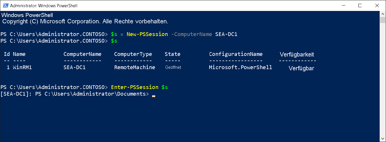 Screenshot des Administrators: Dialogfeld „Windows PowerShell“. Der Administrator hat eine Remoteverbindung zu SEA-DC1 aufgebaut.