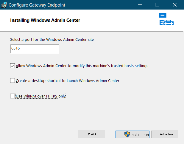 Screenshot: Windows Admin Center-Setup. Der Administrator hat den Standardport 6516 übernommen und die Option akzeptiert, Windows Admin Center das Ändern der Einstellungen für die vertrauenswürdigen Hosts des lokalen Computers zu erlauben.