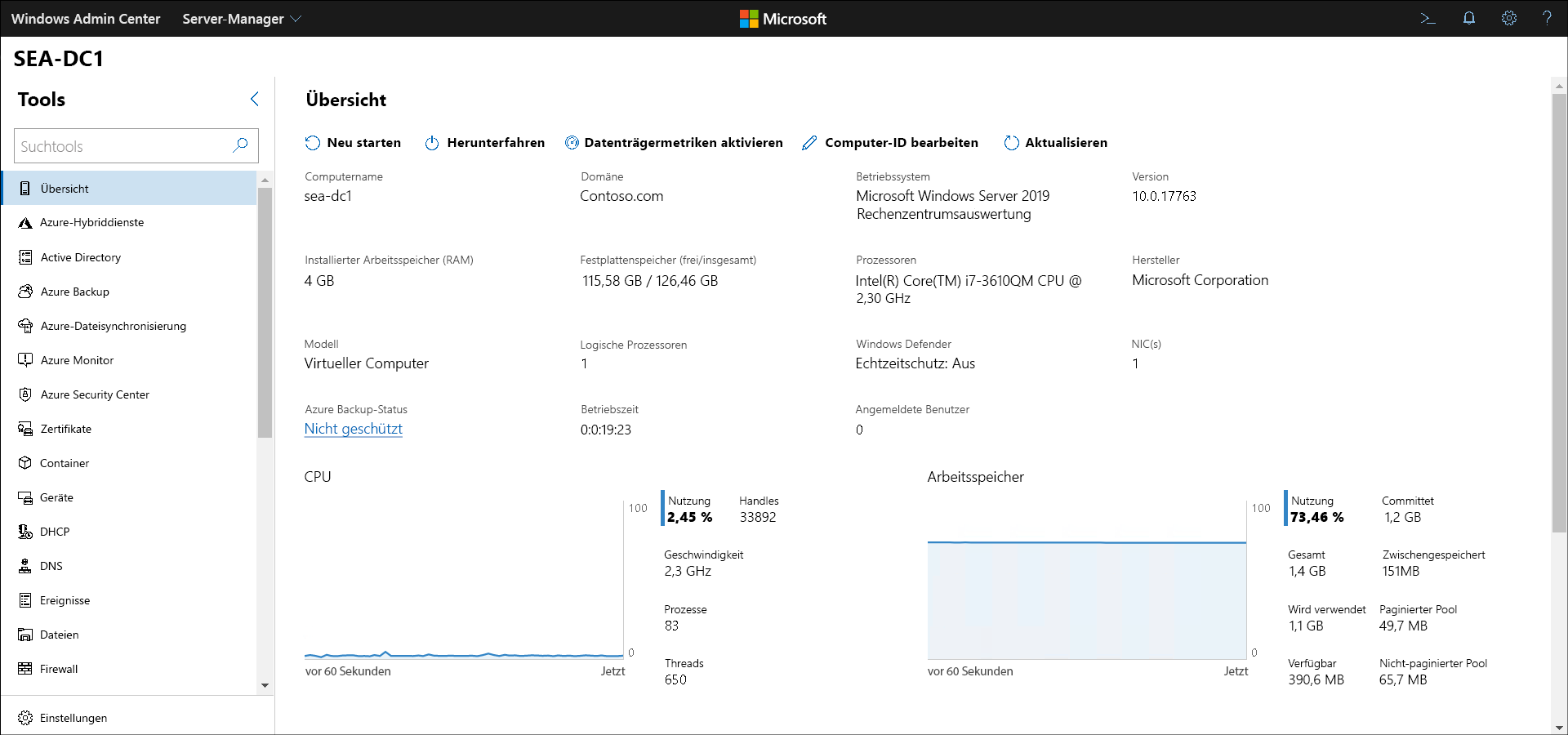 Screenshot: Windows Admin Center. Der Administrator hat „Server-Manager“ ausgewählt. Angezeigt wird der Bereich „Übersicht“ für einen Server namens „SEA-DC1“.