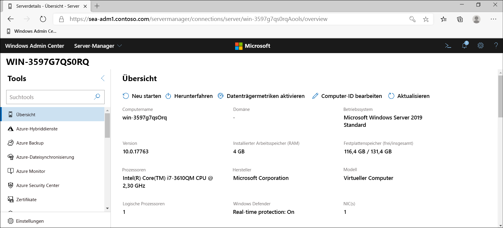 A screenshot of Windows Admin Center. The administrator has added and selected a newly deployed server. The Overview page is displayed.