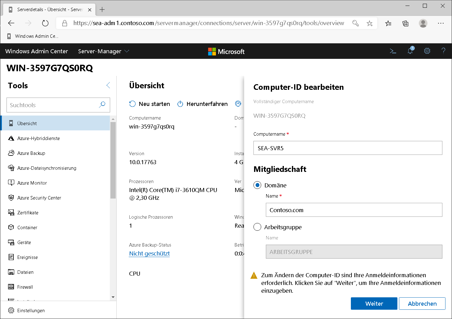 A screenshot of Windows Admin Center. The Overview page is displayed, along with the Edit computer ID blade. The administrator has updated the computer name and domain name.