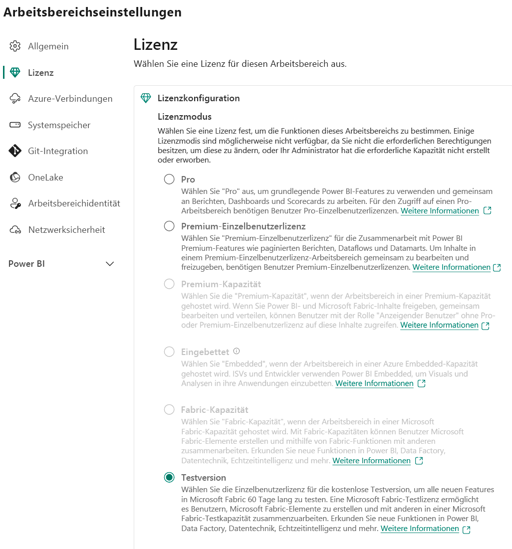 Screenshot: Optionen für den Arbeitsbereich-Lizenzmodus, einschließlich „Testversion“ und „Fabric-Kapazität“.