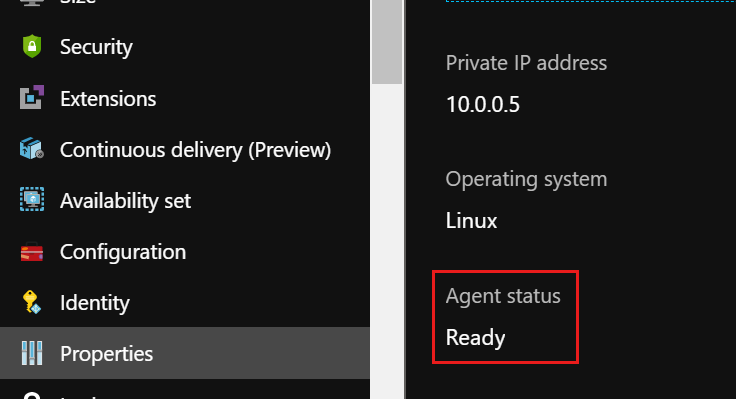 Screenshot des Agent-Status auf der Seite „Eigenschaften“ im Azure-Portal.