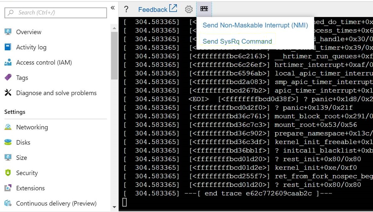 Screenshot der Option „SysRq-Befehl senden“ unter dem Tastatursymbol in der Schaltflächenleiste.