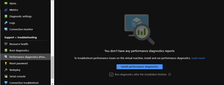 Screenshot der Schaltfläche „Performance Diagnostics installieren“ in der Option „Performance Diagnostics“.