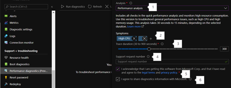 Screenshot der Einstellungen für die Leistungsanalyse in der Option „Performance Diagnostics“.