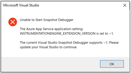 Screenshot der inkompatiblen Snapshot Debugger-Websiteerweiterung Visual Studio 2017.