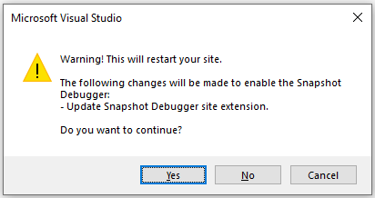 Screenshot der inkompatiblen Snapshot Debugger-Websiteerweiterung Visual Studio 2019.