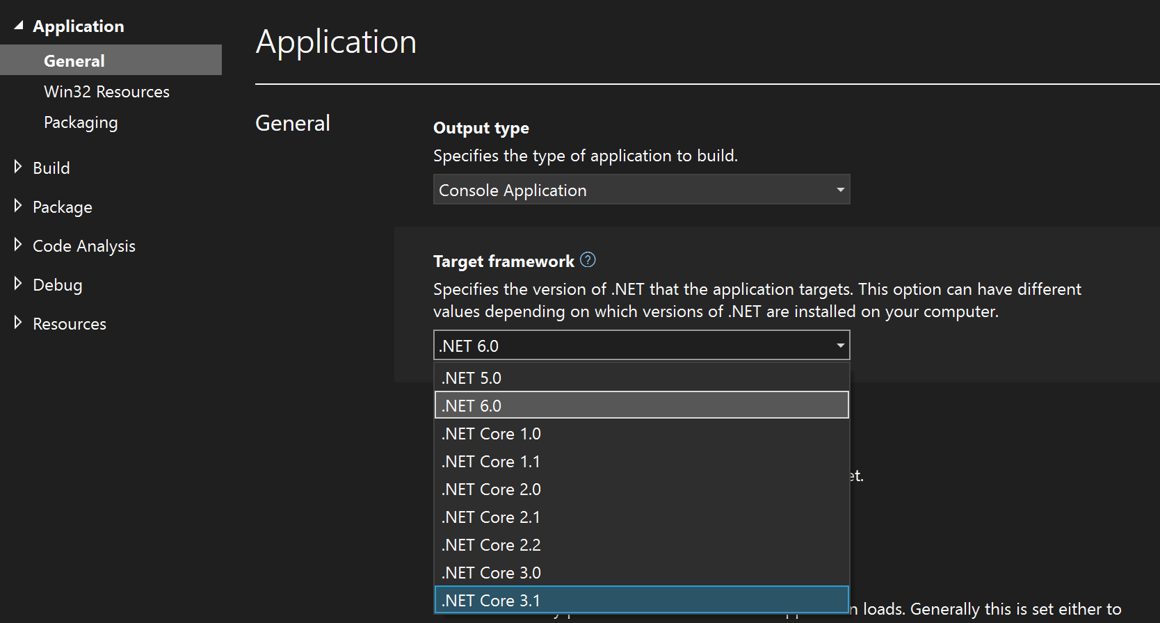 Screenshot, der das Ändern des Zielframeworks in Visual Studio zeigt.