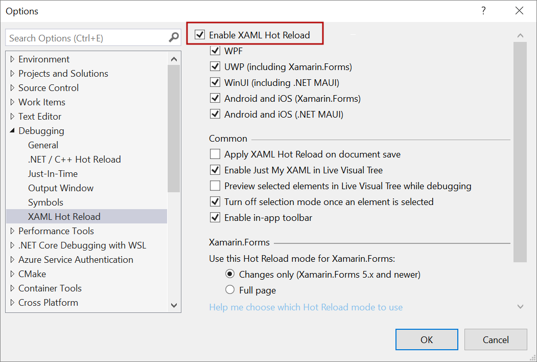 Screenshot: Visual Studio-Fenster für Debugoptionen mit hervorgehobener Option „XAML Hot Reload aktivieren“