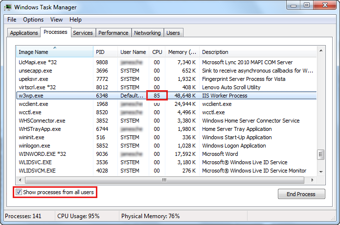 Screenshot zeigt den Windows-Task-Manager. Unter der Spalte C P U ist 85 in der ausführbaren Zeile w 3 w p hervorgehoben. Prozesse aller Benutzer anzeigen, ist ausgewählt.