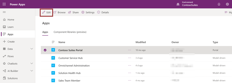 Screenshot, der zeigt, wie Sie das Portal in Power Apps bearbeiten.