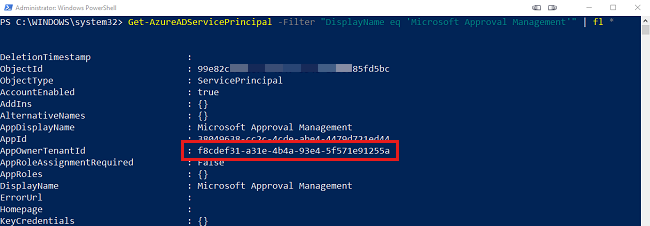 Screenshot der Ausgabe einer Anforderung zum Anzeigen des Microsoft Entra-Dienstprinzipals.