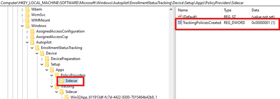 Screenshot des TrackingPoliciesCreated-Werts unter dem Unterschlüssel 