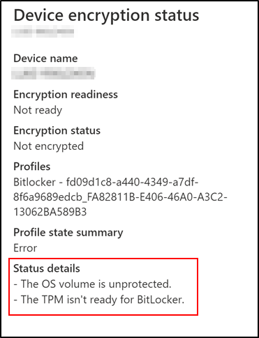 Intune Geräteverschlüsselung status Details, die zeigen, dass TPM nicht für BitLocker bereit ist.