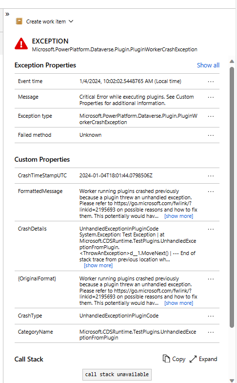 Beispiel für einen Absturzbericht des Application Insights-Plug-Ins.