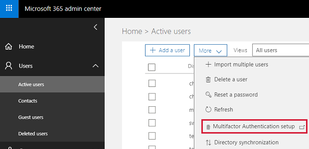 Screenshot zeigt, dass M F A über das Microsoft 365 Admin Center konfiguriert werden kann.