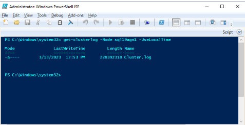 Screenshot des PowerShell-Fensters mit sql19agn1 als SQL Server-Name.