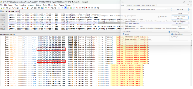 Screenshot des Tools zum Suchen aller Integritätsereignisse im Clusterprotokoll.