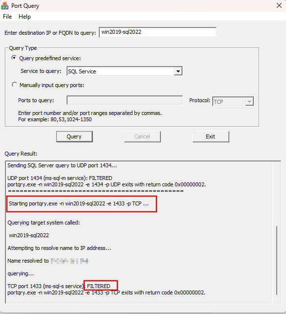 Screenshot einer nicht erfolgreichen Verbindung für die Standard-instance an einem Standardport.