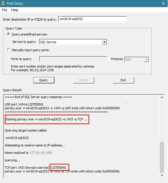 Screenshot: Standard-instance auf einem Standardport, an dem die Verbindung erfolgreich war