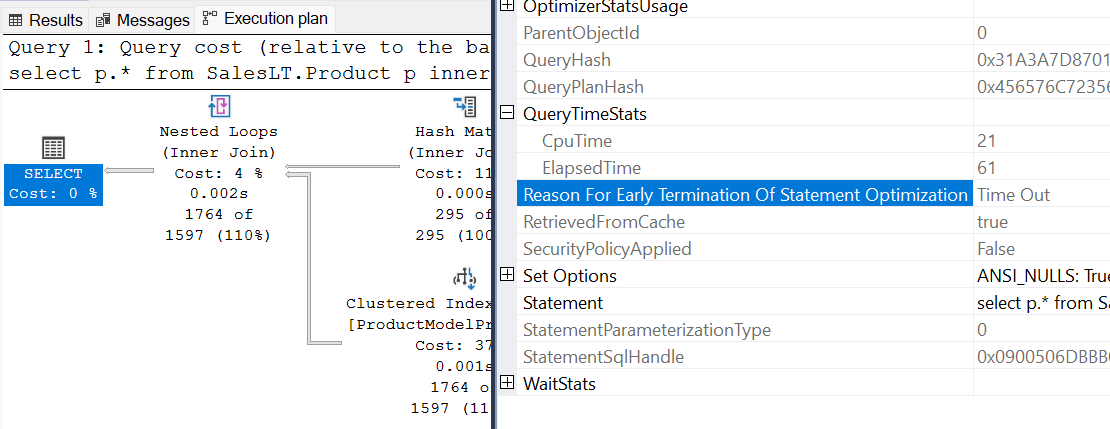 Screenshot des Optimiererstimeouts im Abfrageplan in SSMS.