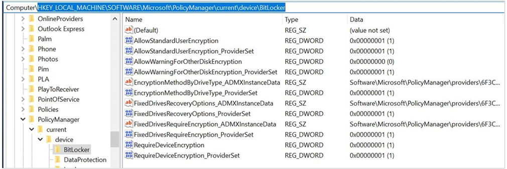 Screenshot der Registrierungsunterschlüssel, die sich auf die Intune-Richtlinie beziehen.