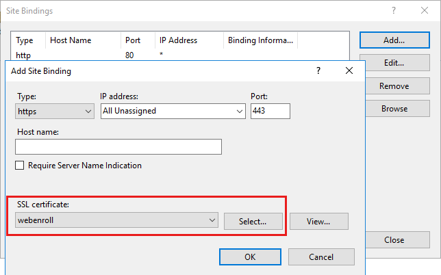 Fügen Sie das Zertifikat hinzu, und binden Sie es für Szenario 1 an Port 443.