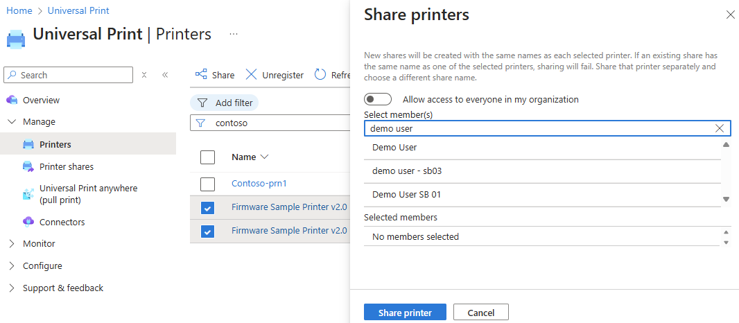 Screenshot der Schritte zum Freigeben mehrerer Drucker mithilfe des Universal Print-Portals.