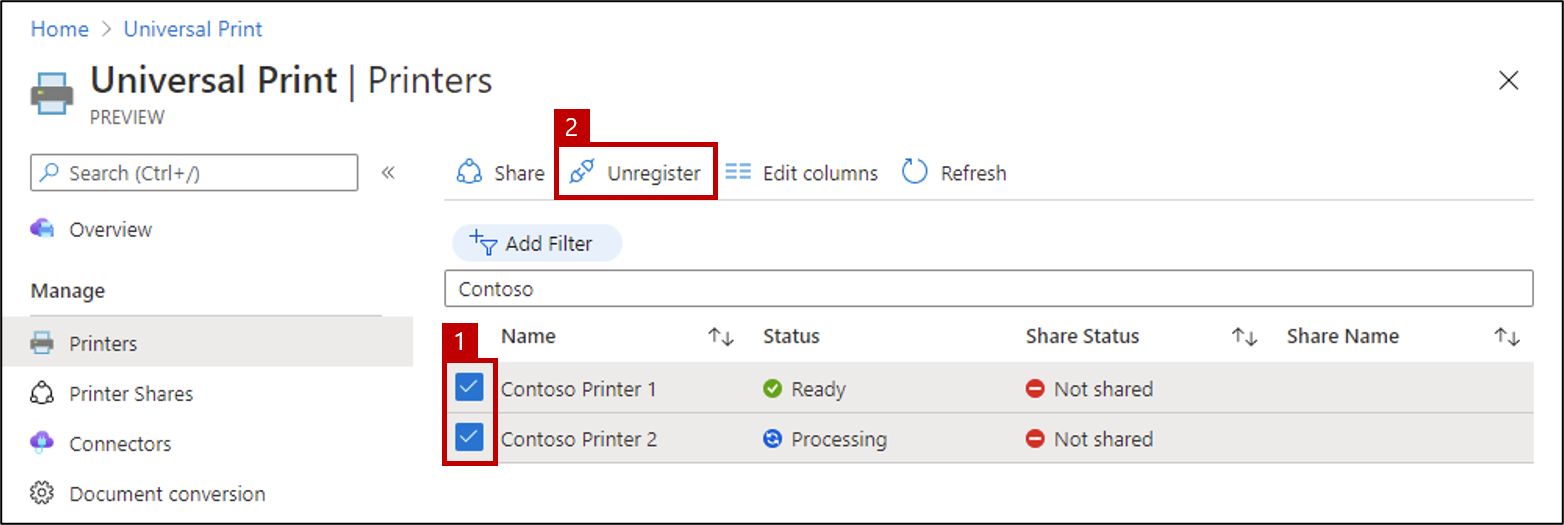 Screenshot, der zeigt, wie Sie die Registrierung mehrerer Drucker gleichzeitig im Universal Print-Portal aufheben.