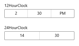 Zeitauswahl mit einer 12-Stunden-Uhr und Auswahl mit einer 24-Stunden-Uhr.