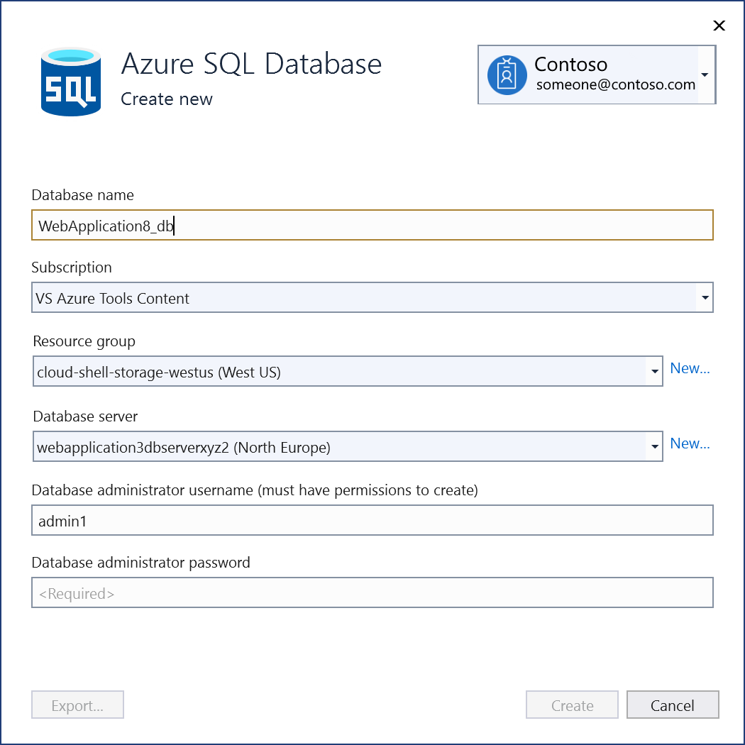 Screenshot: Bildschirm „Neue Azure SQL-Datenbank“