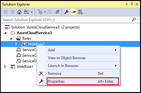 Azure-Rollenkontextmenü im Projektmappen-Explorer