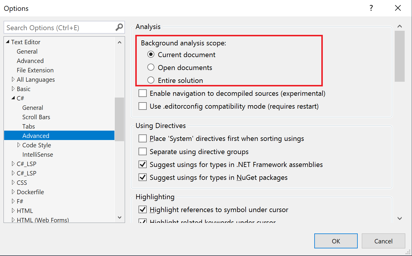 Screenshot, der die Optionen für den Bereich der Hintergrundcodeanalyse in Visual Studio zeigt.