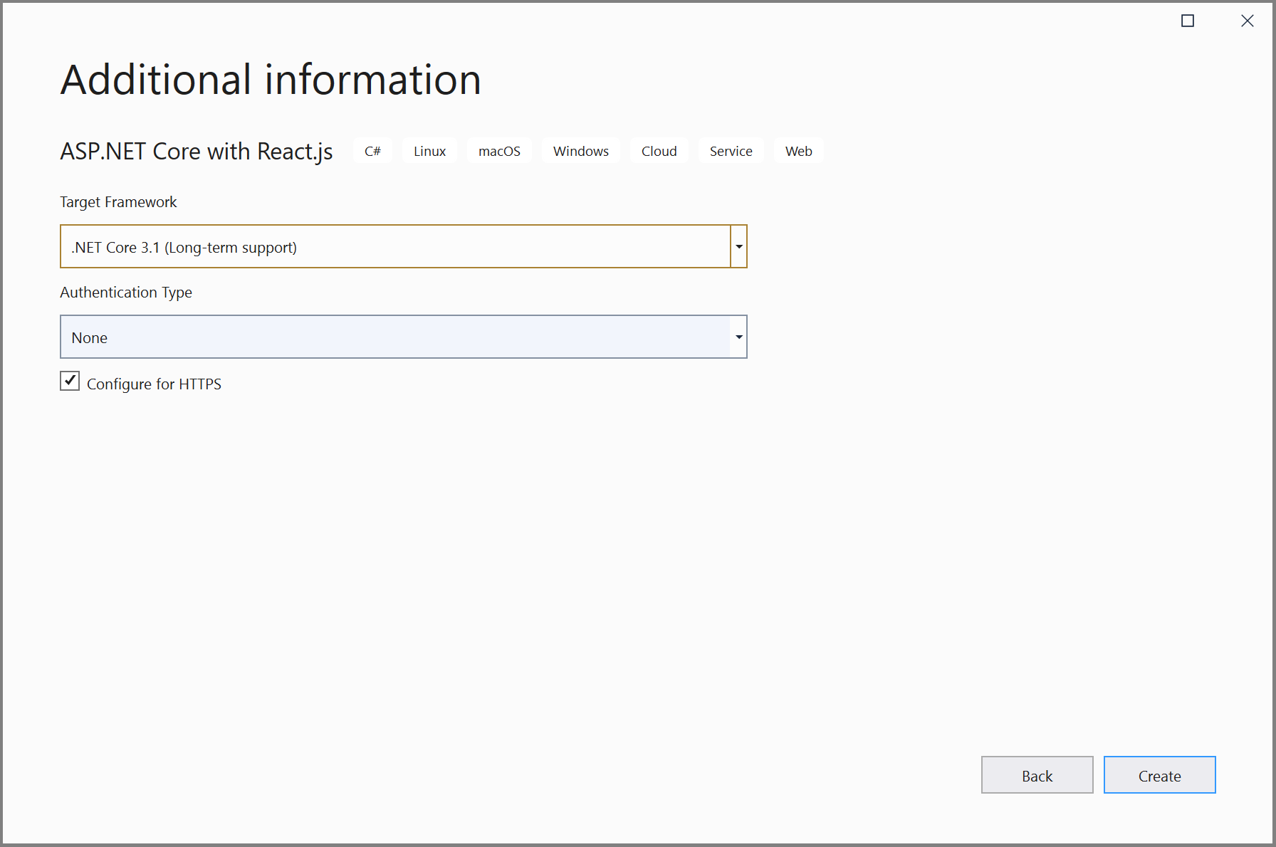 Screenshot: Erstellen eines neuen React.js-Projekts – Bildschirm „Zusätzliche Informationen“