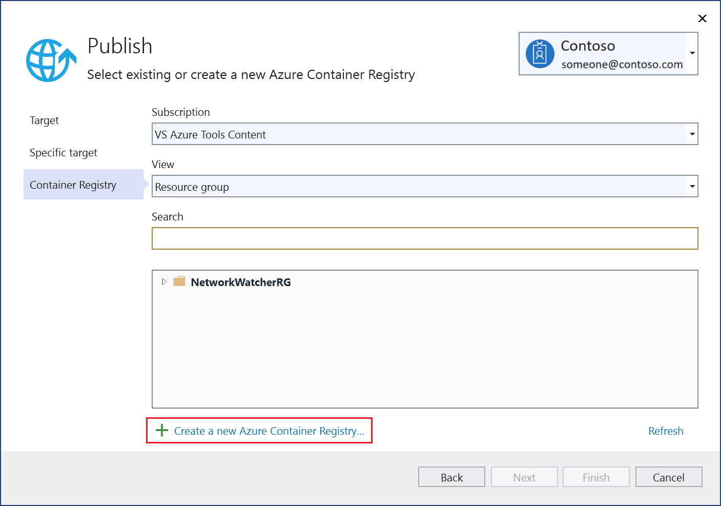 Screenshot: Dialogfeld Veröffentlichen mit Auswahl von Neue Azure Container Registry-Instanz erstellen